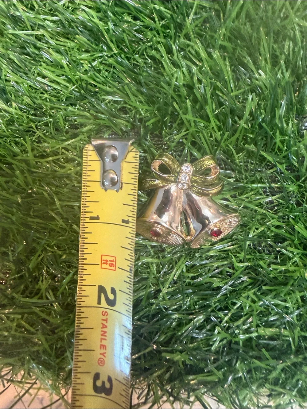 Vintage Gold Tone Double Bell Brooch with Green Bow and Red Accents
